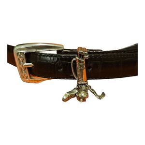 BRIGHTON Dark Brown Leather Croc Print Belt Golf Charms - Size Medium 30"‎